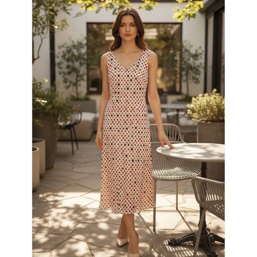 Karin Stevens Polka Dot Sleeveless Midi Dress Red Black Tan Size 12 11242R